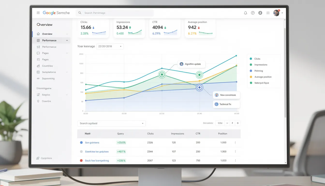 The image depicts an analytics dashboard showcasing Google Search Console performance data, complete with custom annotations and trend analysis, highlighting key metrics for site owners to enhance their SEO strategy and make informed decisions based on organic search results and user intent. The dashboard reflects the latest updates in digital marketing, including insights on query groups and technical SEO efforts.