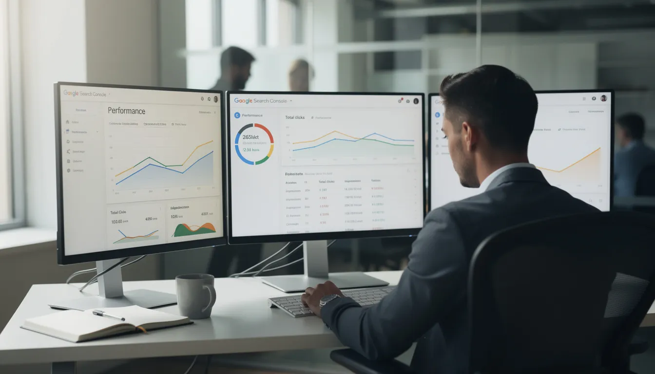 A professional SEO analyst is intently reviewing the Google Search Console dashboard displayed across multiple monitors, analyzing performance data and search results to inform their SEO strategy. The setup highlights the importance of technical SEO and structured data in optimizing website rankings and enhancing user intent for effective digital marketing.