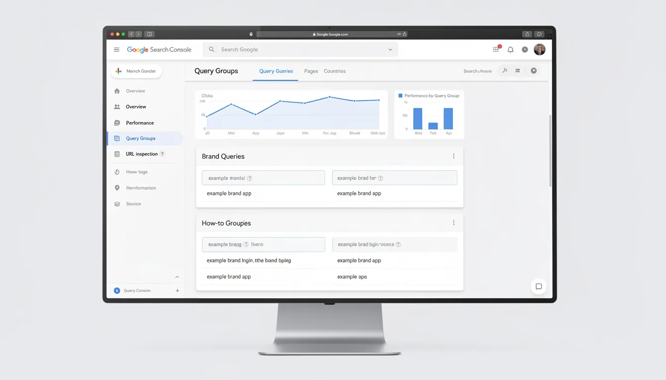 The image displays the Google Search Console interface showcasing the new Query Groups feature, which organizes clustered search terms for improved performance data analysis. This update aims to enhance SEO strategies for site owners by providing insights into user intent and search results, reflecting Google's ongoing commitment to digital marketing innovations.